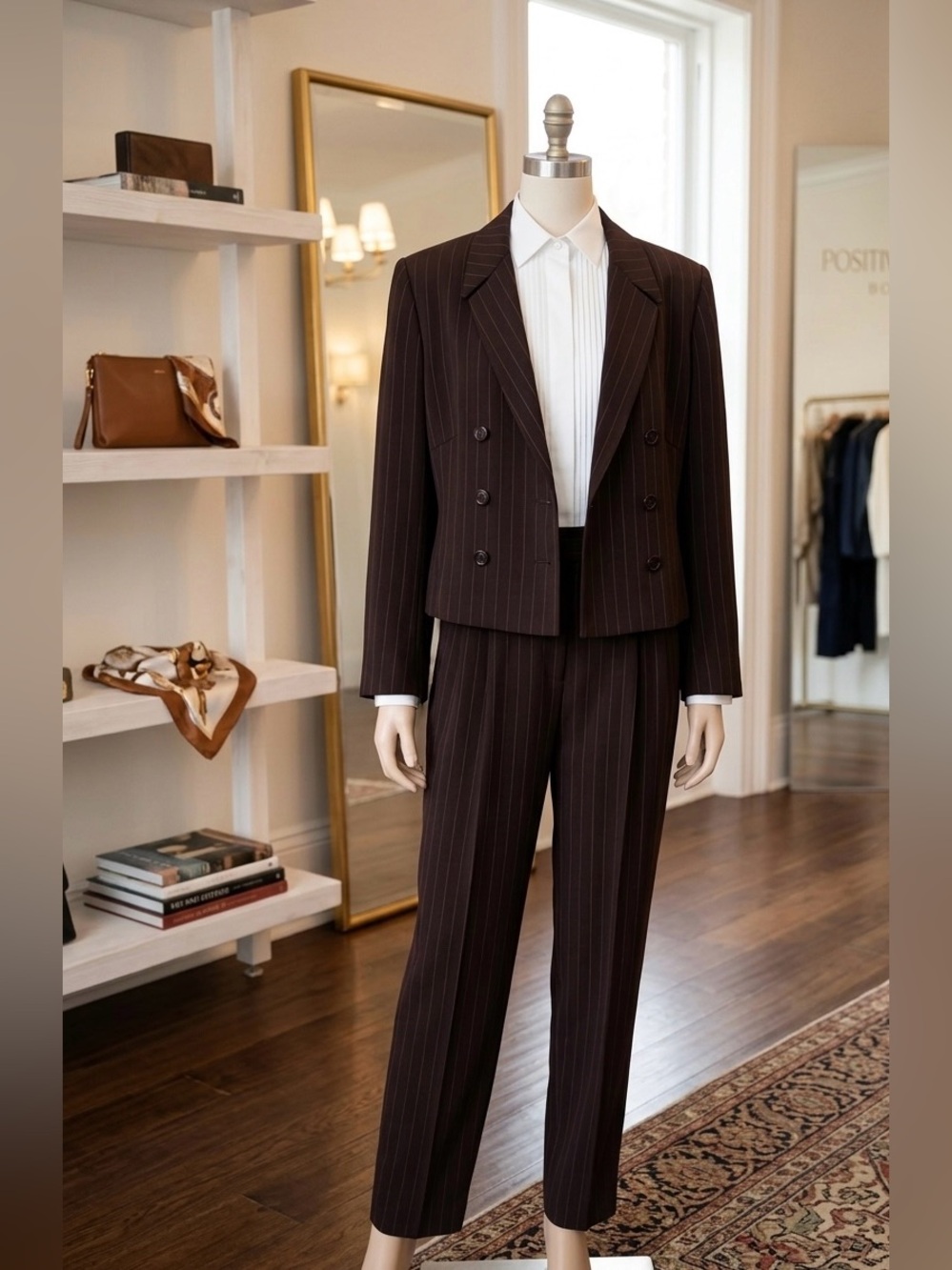 Positive Attitude Brown Pinstripe Cropped Double-Breasted Pantsuit